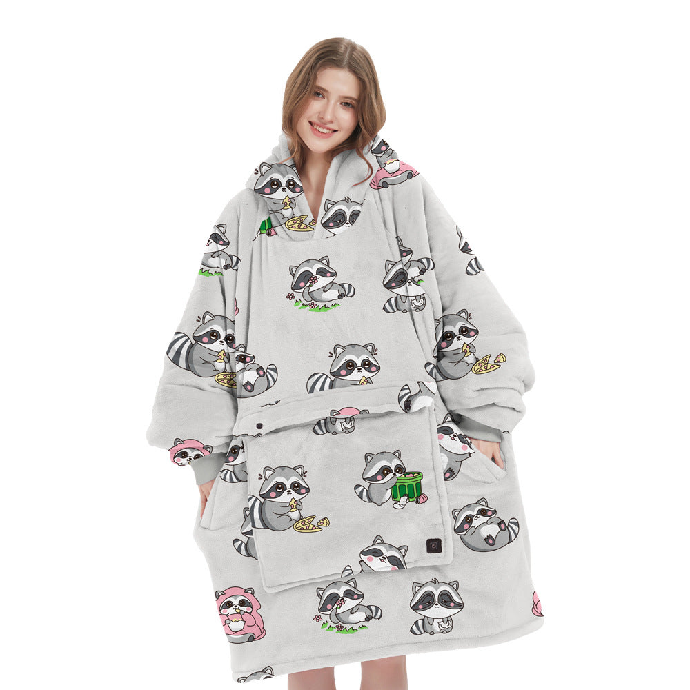 Outdoor scene with someone wearing a cordless heated flannel hoodie blanket, showcasing its versatility for winter.