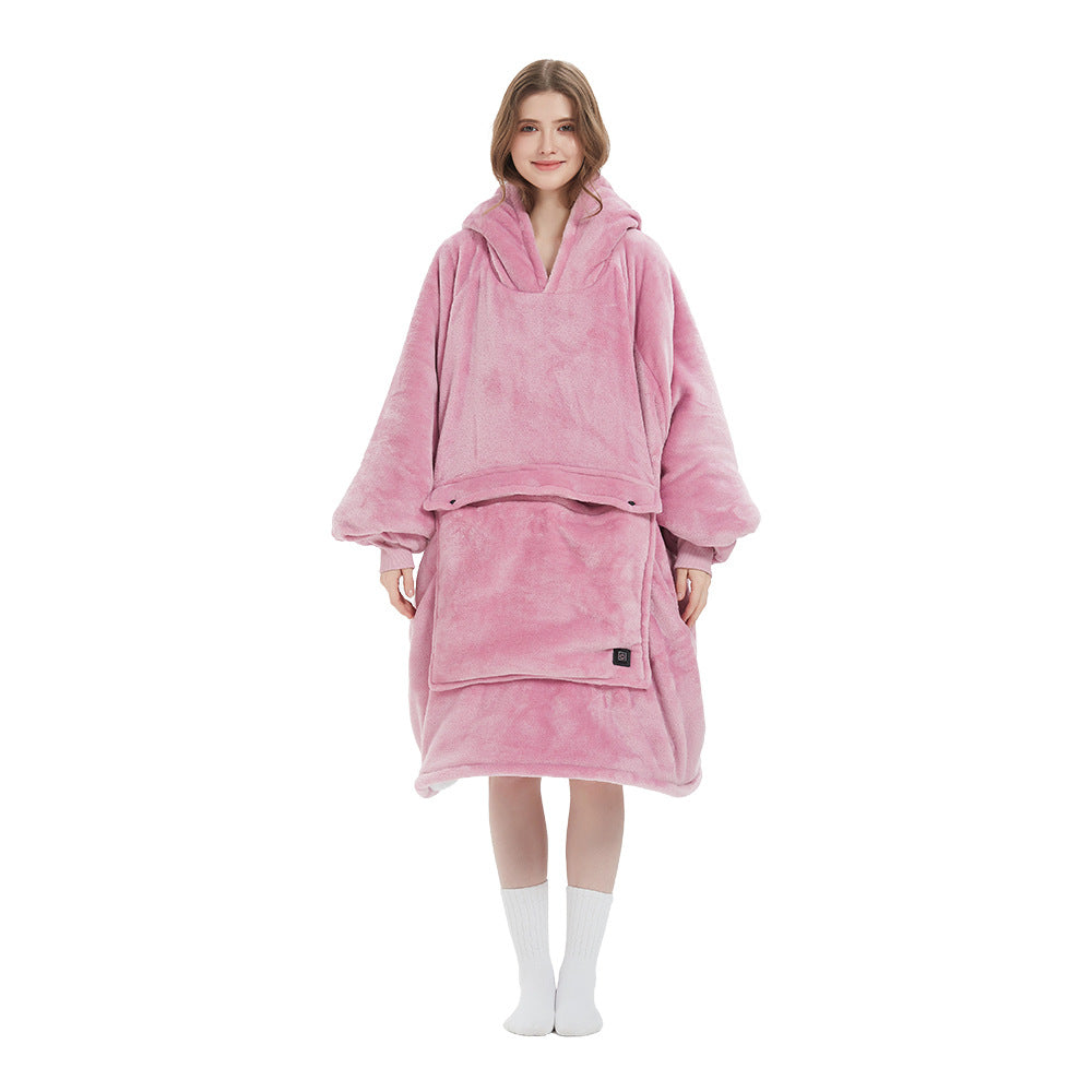 Close-up of the hood on an oversized flannel heated blanket, illustrating its extra warmth and comfort for cold weather.
