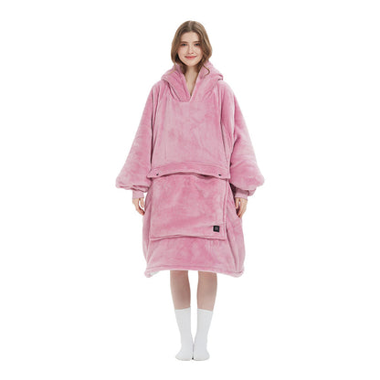 Close-up of the hood on an oversized flannel heated blanket, illustrating its extra warmth and comfort for cold weather.