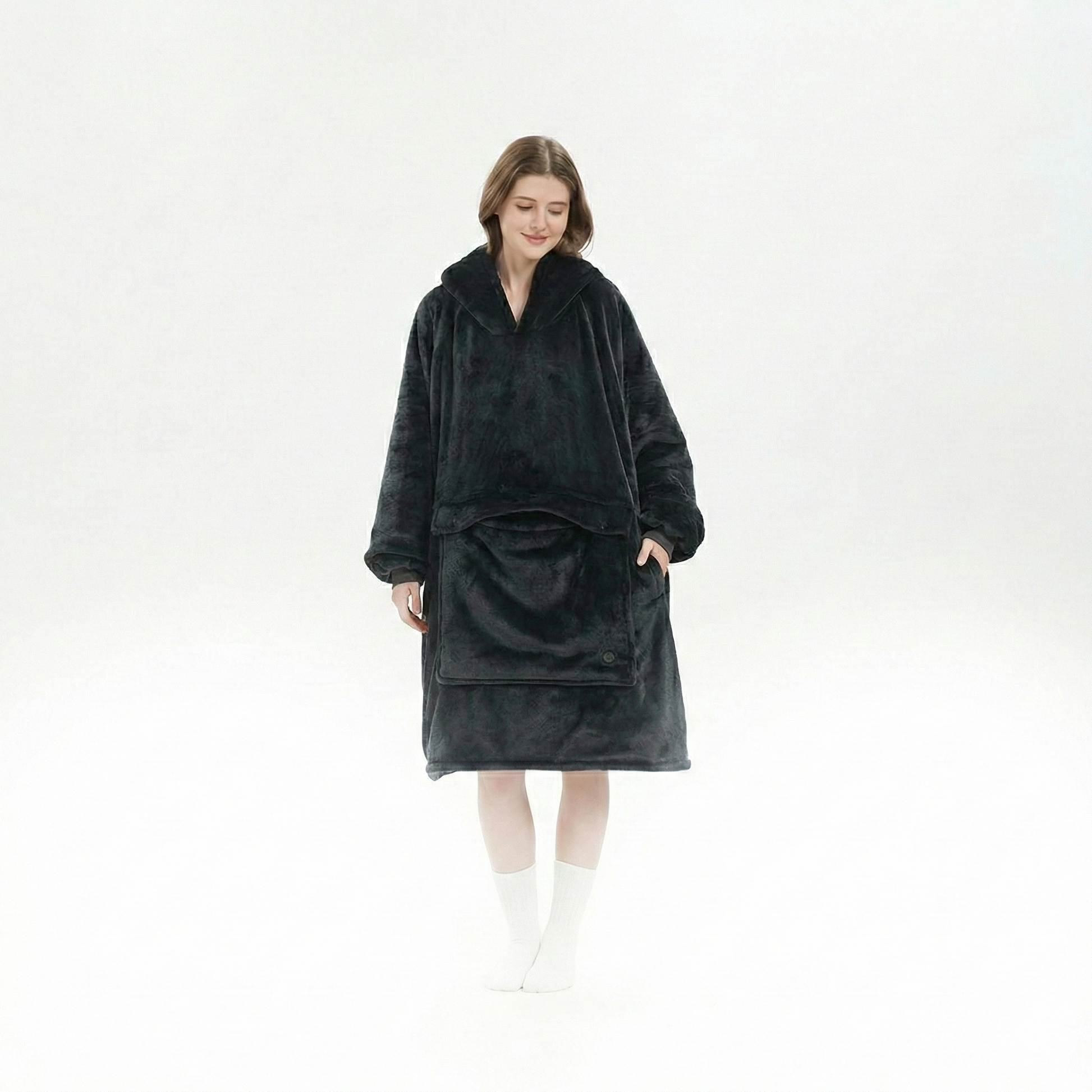 The battery pack for the USB heated flannel hoodie blanket, emphasizing its long-lasting, portable winter warmth.
