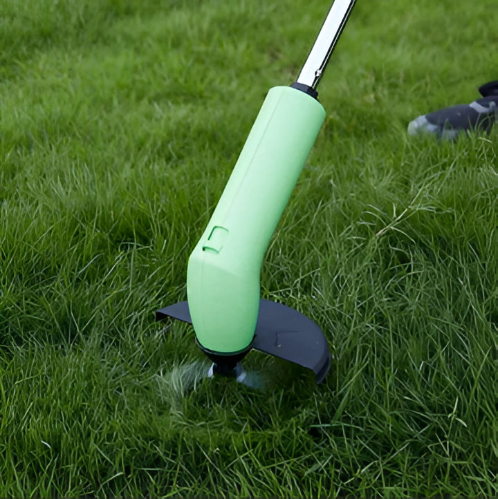 Ergonomic mini weed trimmer, battery-powered and portable for easy lawn edge and grass cutting.