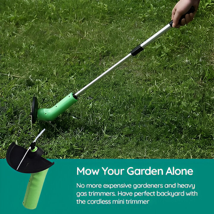 Handheld cordless grass cutter, ideal for detailed lawn care and general gardening tasks.