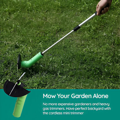 Handheld cordless grass cutter, ideal for detailed lawn care and general gardening tasks.