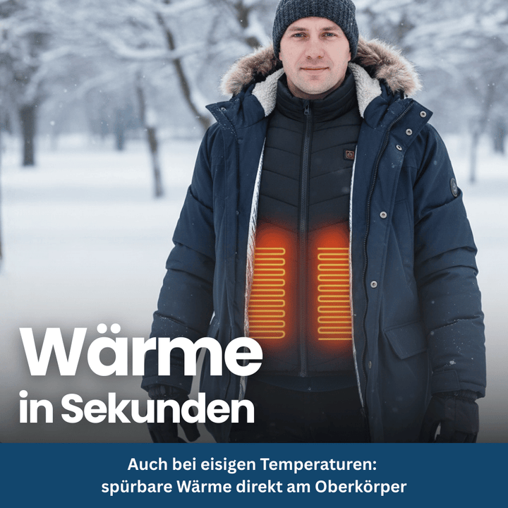 Model wearing black CoreFit heated vest, 9 heating zones, for cold weather.