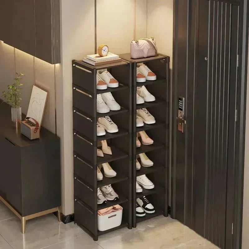 Unisex corner shoe organizer for space-saving footwear storage. Perfect compact shoe rack for home organization.