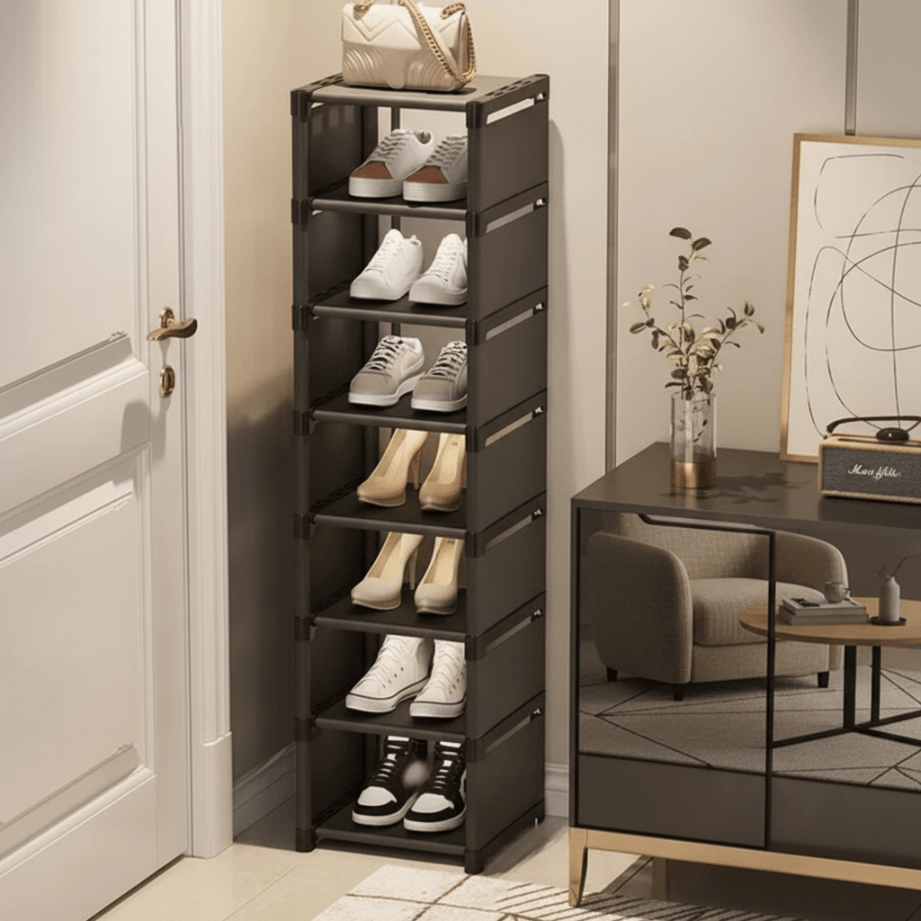 Smart corner shoe organizer, stackable & modular, great for dorms & compact home organization.