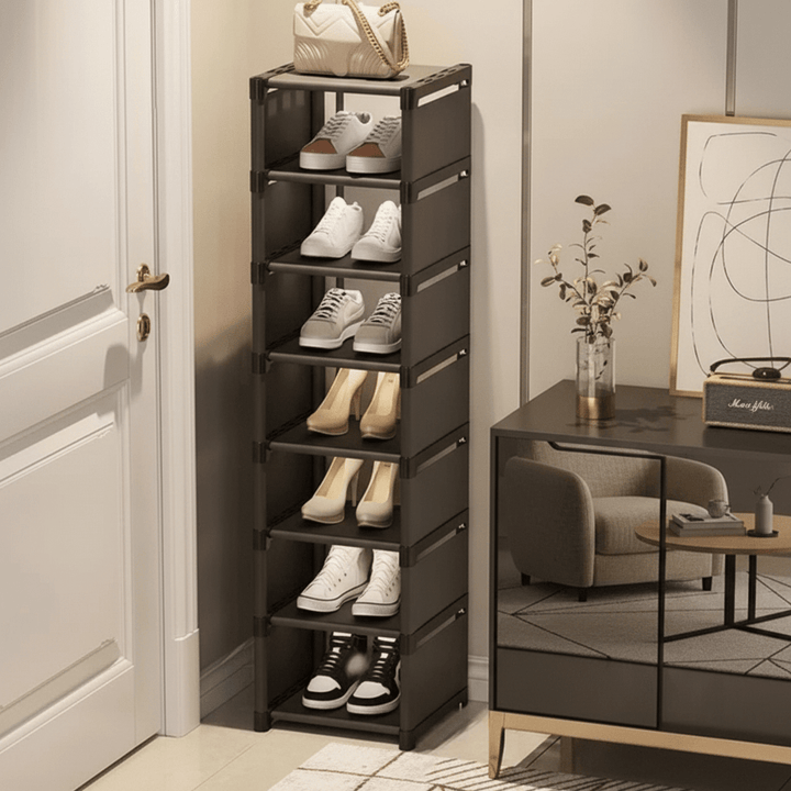 Smart corner shoe organizer, stackable & modular, great for dorms & compact home organization.