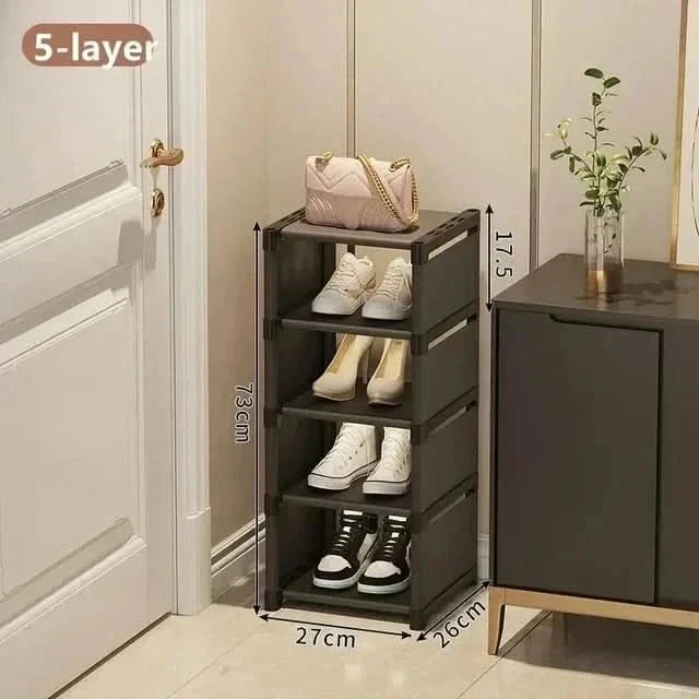 Modular stackable shoe organizer, expanding vertical storage for all types of footwear. Smart home organization.