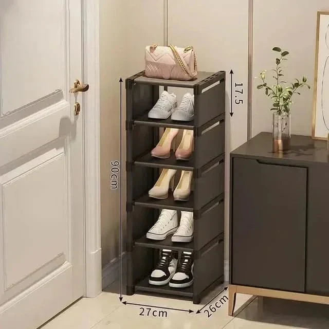 Organized corner shoe storage unit, neatly displaying various pairs of shoes. Efficient footwear storage solution.