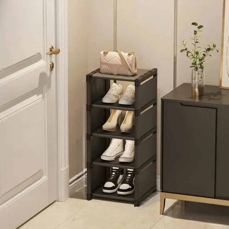 Empty, sleek corner shoe rack design, ready for efficient footwear organization. Modern space-saving modular.