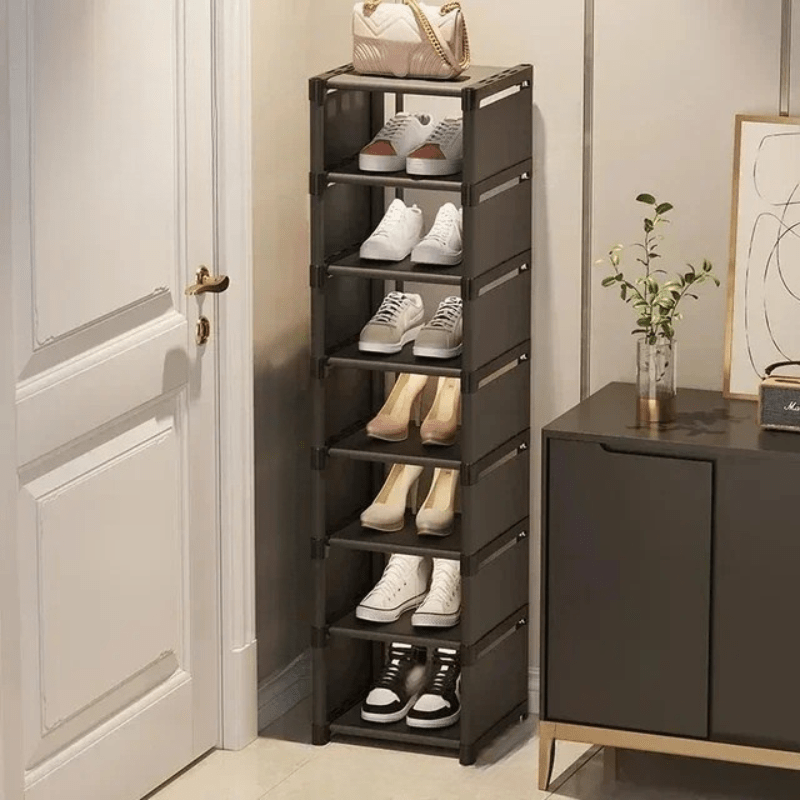 Unisex corner shoe organizer, versatile for men's & women's footwear collections. Space-saving shoe rack.