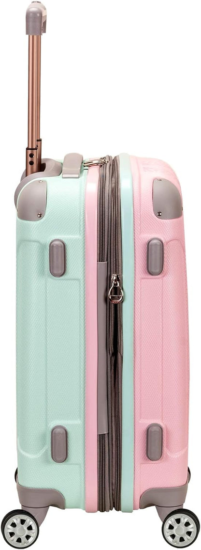 Lightweight Cotton Candy expandable hardside carry-on luggage with double spinner wheels for travel.