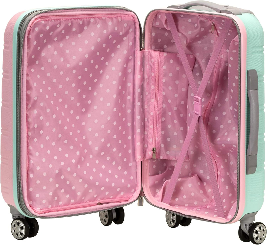 Vibrant Cotton Candy two-tone hardside carry-on, expandable, lightweight travel bag with spinner wheels.