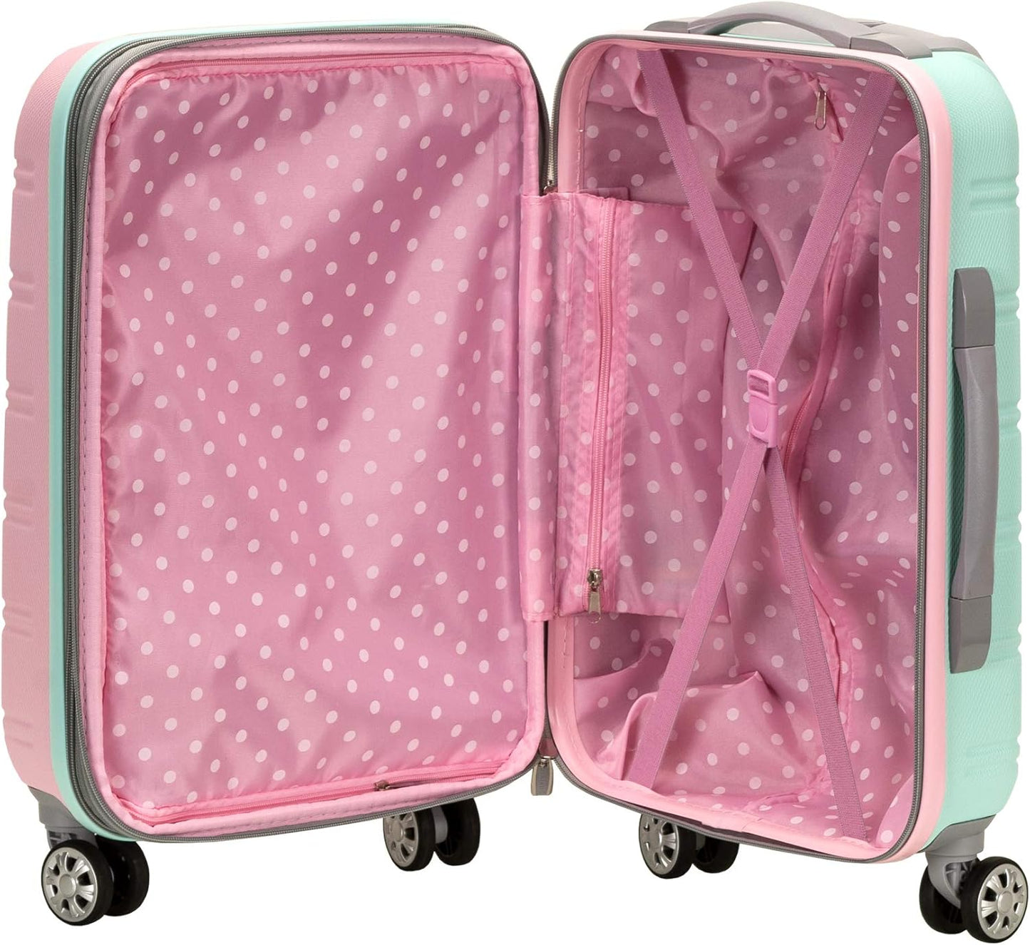 Vibrant Cotton Candy two-tone hardside carry-on, expandable, lightweight travel bag with spinner wheels.