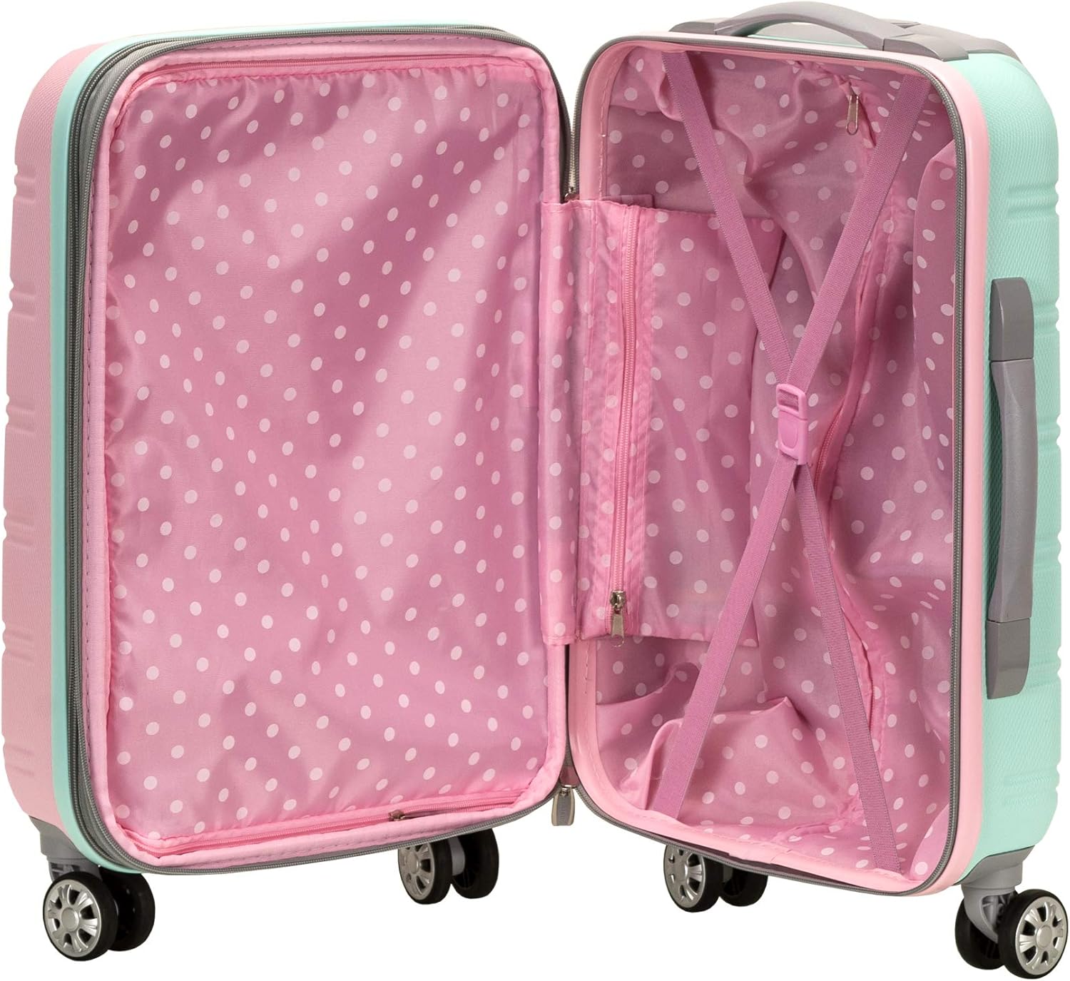 Vibrant Cotton Candy two-tone hardside carry-on, expandable, lightweight travel bag with spinner wheels.