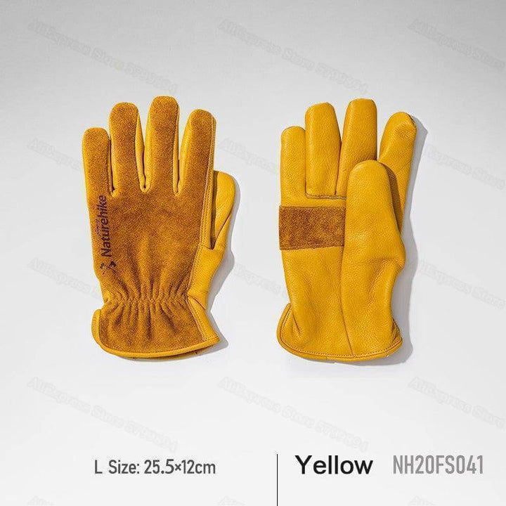 Close-up of the textured cowhide leather on unisex work gloves, ideal for industrial safety gear.