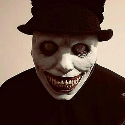 Unisex creepy smiling face demon mask, latex, with eerie white eyes for a terrifying Halloween costume.