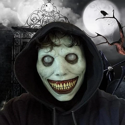 Disturbing creepy smiling demon mask, horror-themed, with stark white eyes for scary Halloween looks.