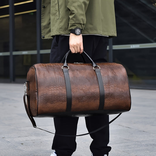 Unisex croc-embossed vegan leather weekender duffle bag. Stylish & durable travel bag with shoulder strap.