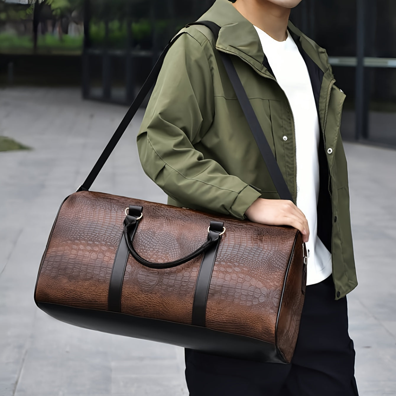 Sophisticated croc-embossed vegan leather weekender bag, perfect for travel. Unisex design, waterproof.