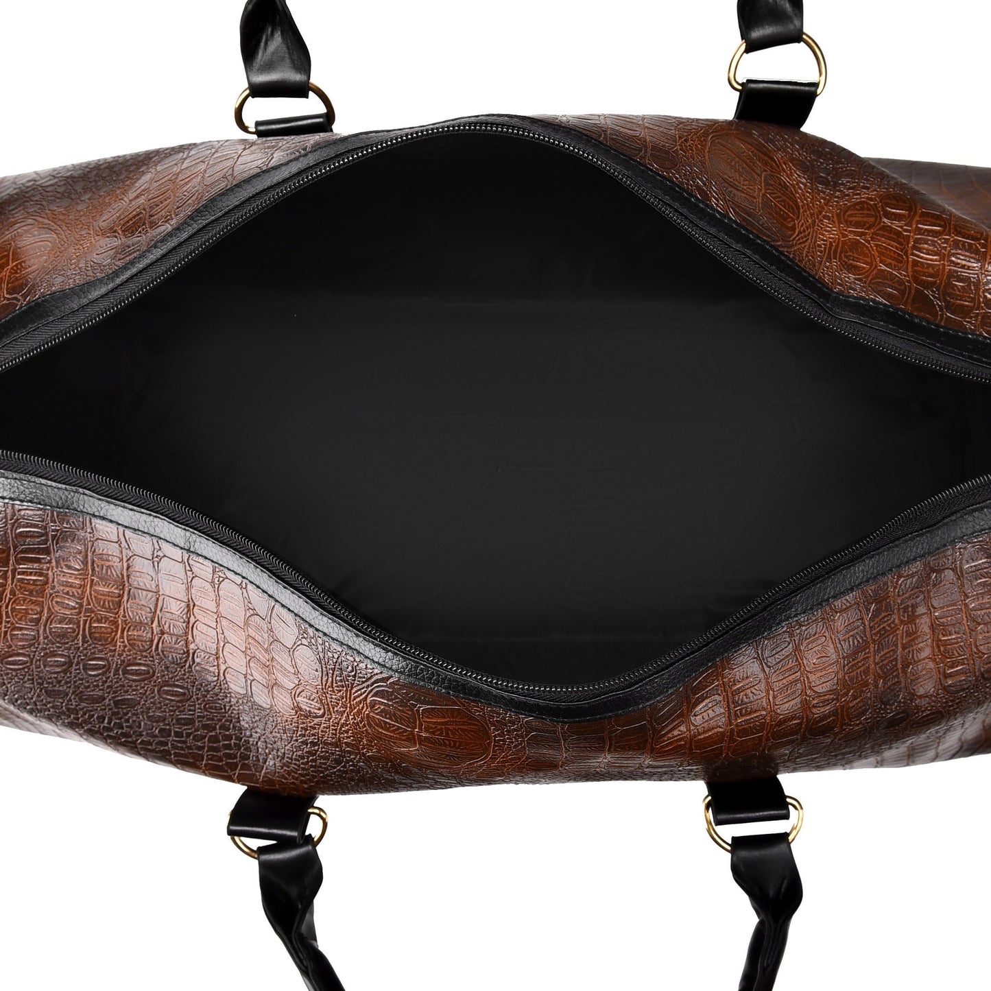 Fashionable unisex croc-embossed vegan leather duffle bag for weekend travel. Chic & practical shoulder bag.