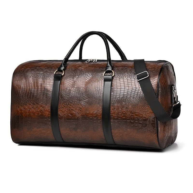 Versatile unisex croc-embossed vegan leather travel bag. Spacious weekender duffle, perfect for short trips.