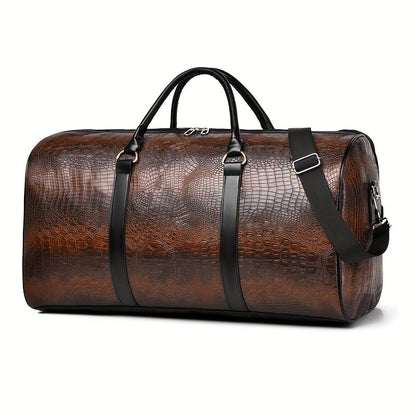 Versatile unisex croc-embossed vegan leather travel bag. Spacious weekender duffle, perfect for short trips.