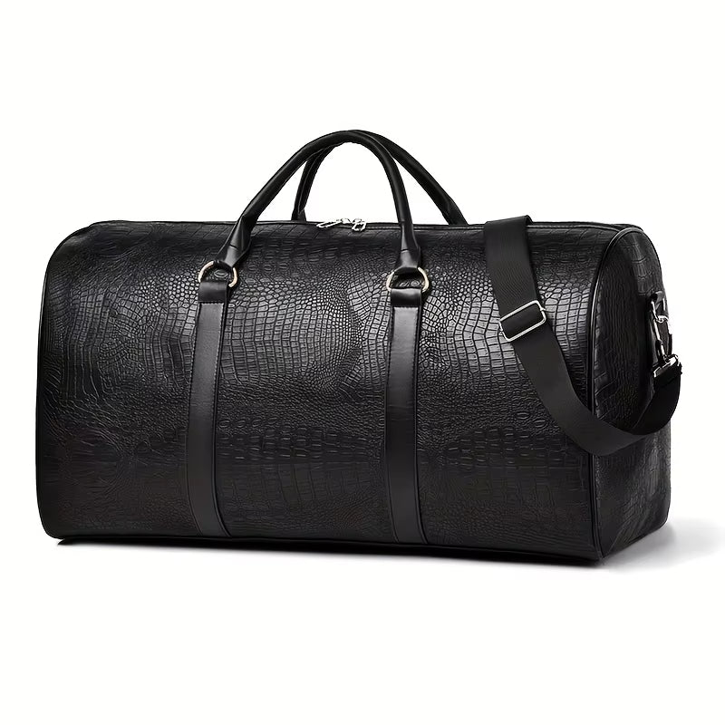 Waterproof croc-embossed vegan leather duffle bag. Unisex design, ideal as a travel or gym shoulder bag.