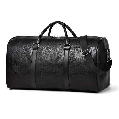 Waterproof croc-embossed vegan leather duffle bag. Unisex design, ideal as a travel or gym shoulder bag.