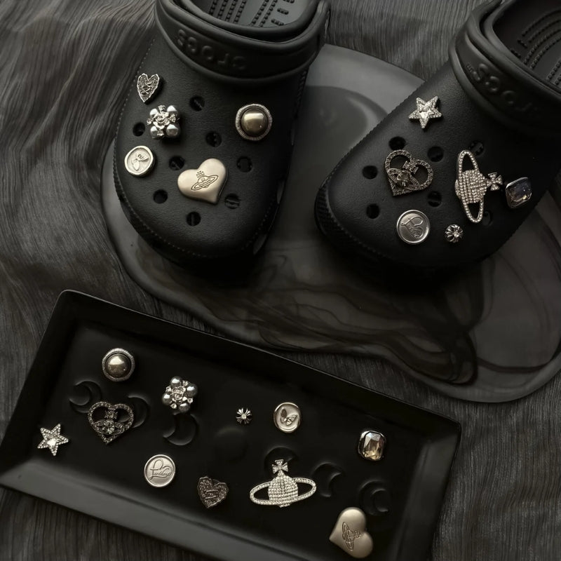 Unisex Croc shoe charms set for personalized style. Metal Lost Saturn & chrome designs for clogs.
