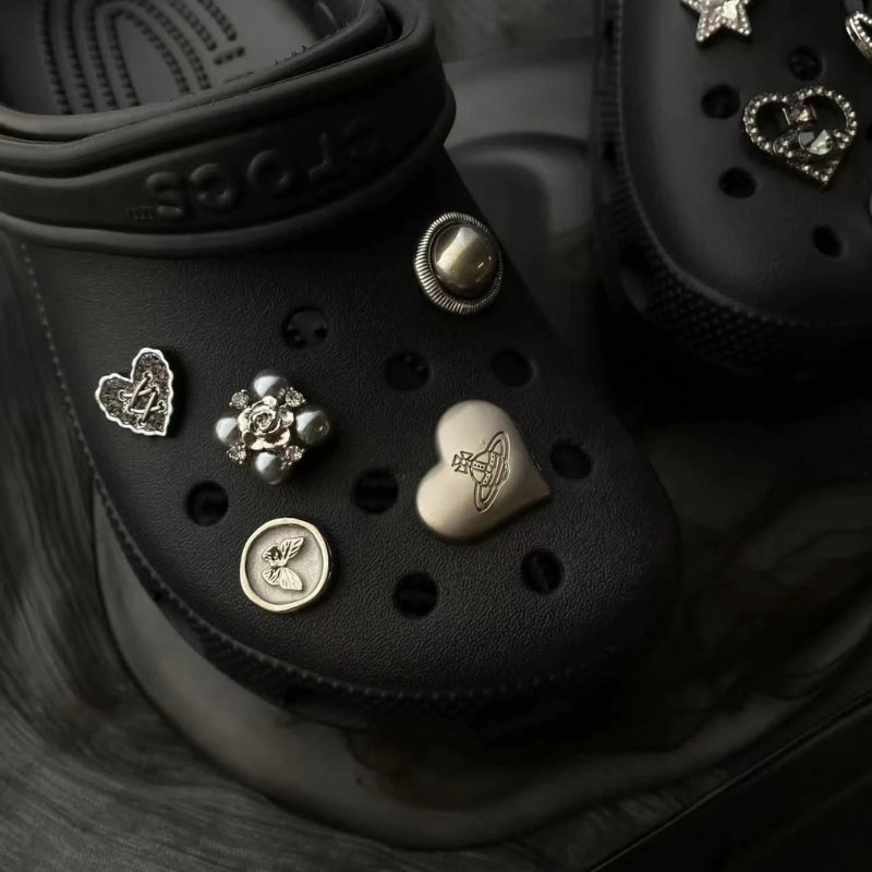 Personalized metal croc shoe charms. Unisex chrome accessories to customize your clogs.