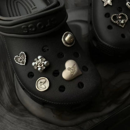 Personalized metal croc shoe charms. Unisex chrome accessories to customize your clogs.