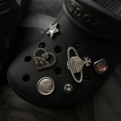 Stylish Lost Saturn chrome croc charms. Unisex shoe accessories for unique clog customization.