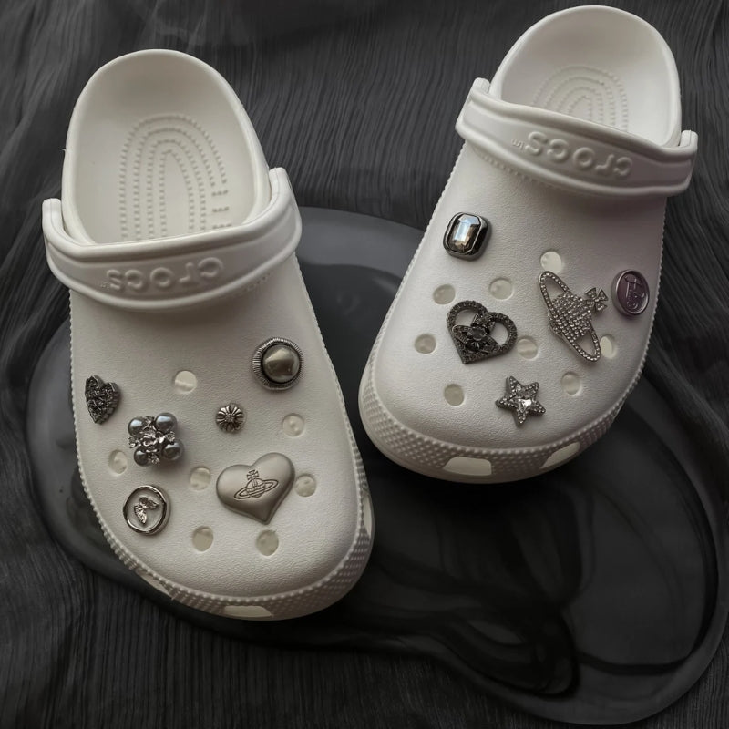Assorted chrome croc charms, perfect for unisex shoe customization. Easy to attach clogs decor.