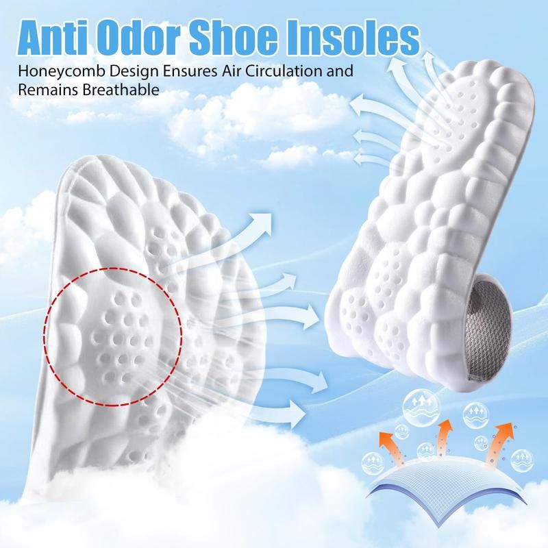 Unisex cushioned insoles featuring arch support & a subtle height lift, optimizing shoe comfort & posture.