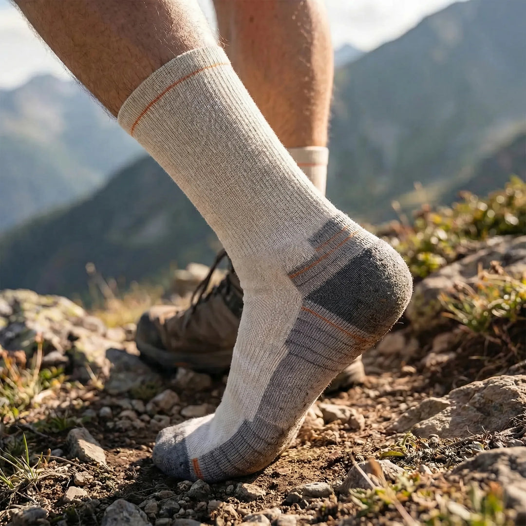 Unisex cushioned mid-calf active socks for hiking & running. Merino wool blend, moisture-wicking, breathable.