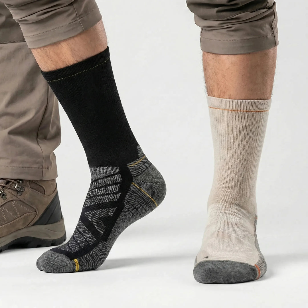 Cushioned merino wool blend hiking socks, mid-calf, unisex. Comfort & support for outdoor adventures.