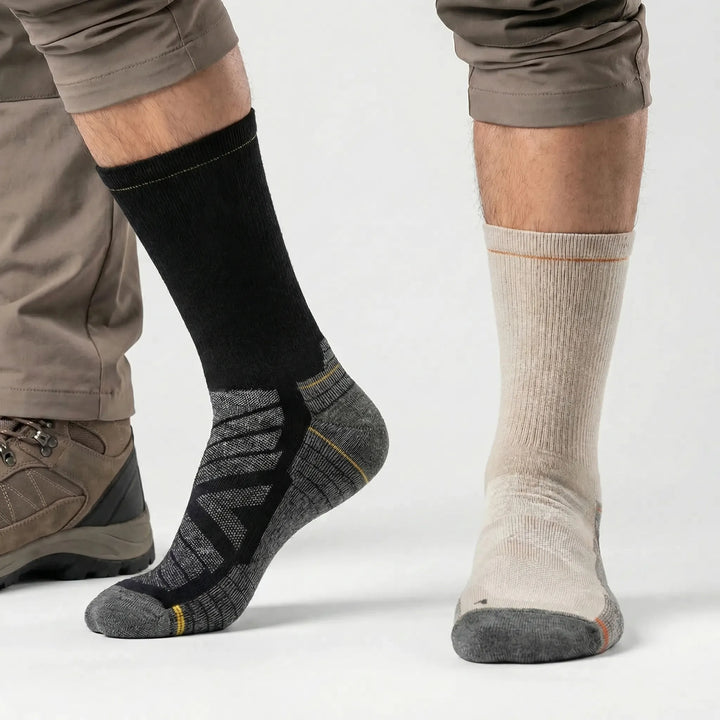 Cushioned merino wool blend hiking socks, mid-calf, unisex. Comfort & support for outdoor adventures.