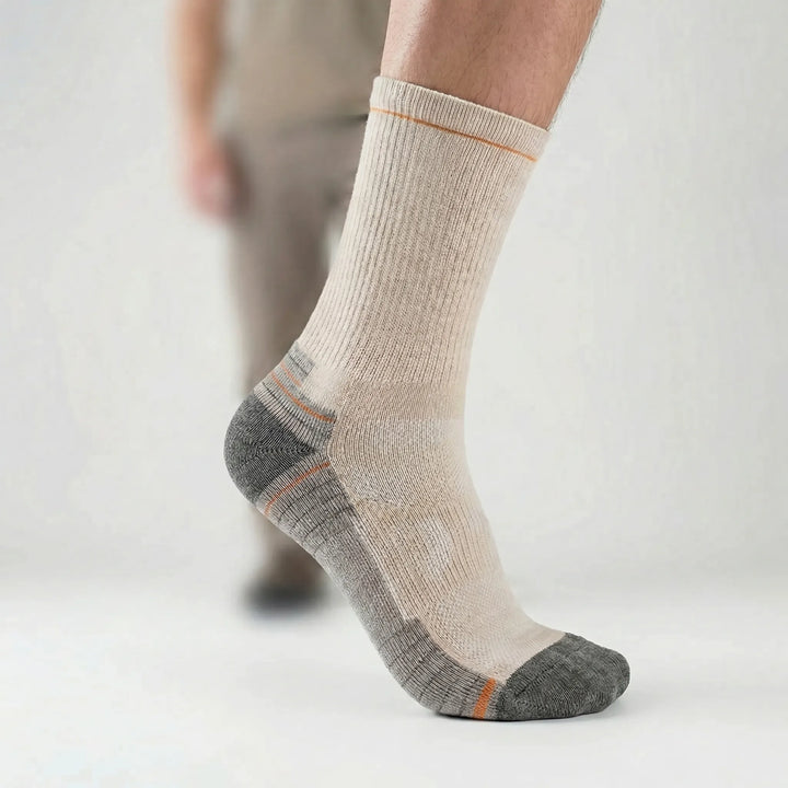 Merino wool blend active socks, unisex, mid-calf. Moisture-wicking & cushioned for ultimate comfort.