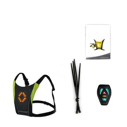 Durable cycling signal vest for cyclists, offering remote-controlled LED lights and high visibility for bike safety.