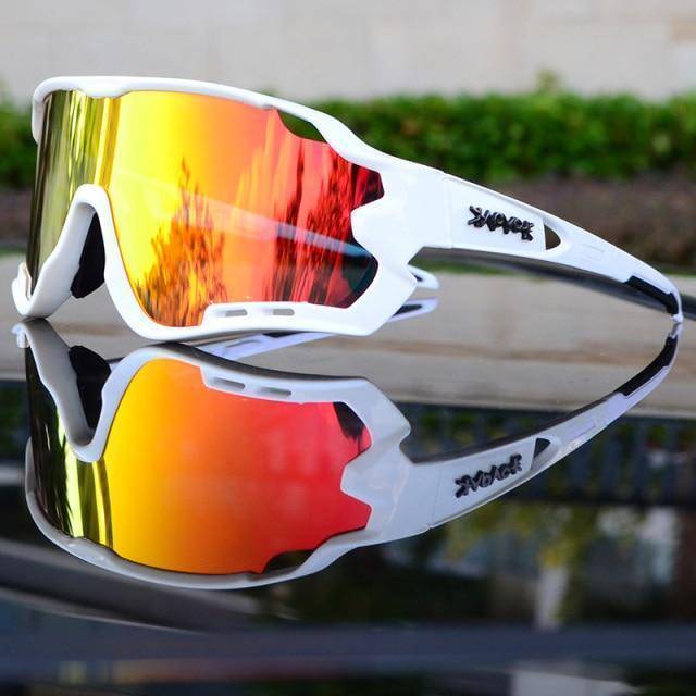 Outdoor gear: Polarized cycling sunglasses with UV400 lenses, close-up, side view