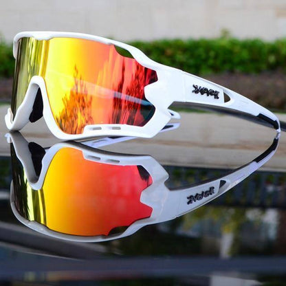 Outdoor gear: Polarized cycling sunglasses with UV400 lenses, close-up, side view