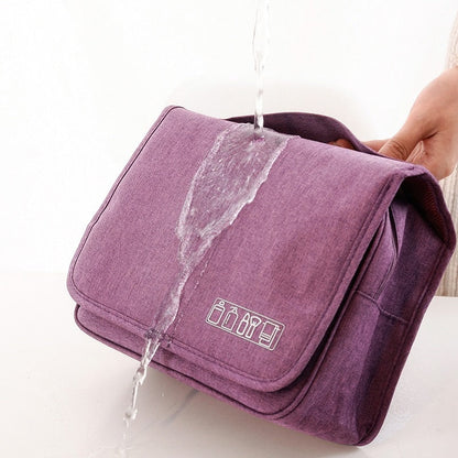 Elegant unisex travel essential, a hanging toiletry and cosmetic organizer for trips.