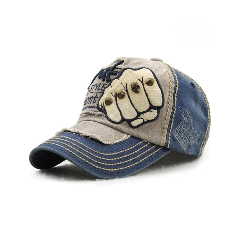 Bold fist embroidered unisex baseball cap, a fashion-forward denim hat for contemporary street style.