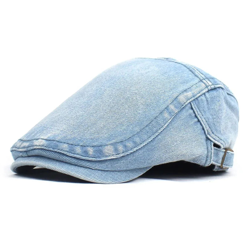 Unisex denim ivy cap, a classic flat peak hat perfect for everyday casual style and fashion.