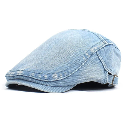 Unisex denim ivy cap, a classic flat peak hat perfect for everyday casual style and fashion.