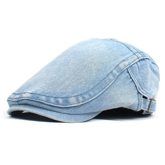 Unisex denim ivy cap, a classic flat peak hat perfect for everyday casual style and fashion.