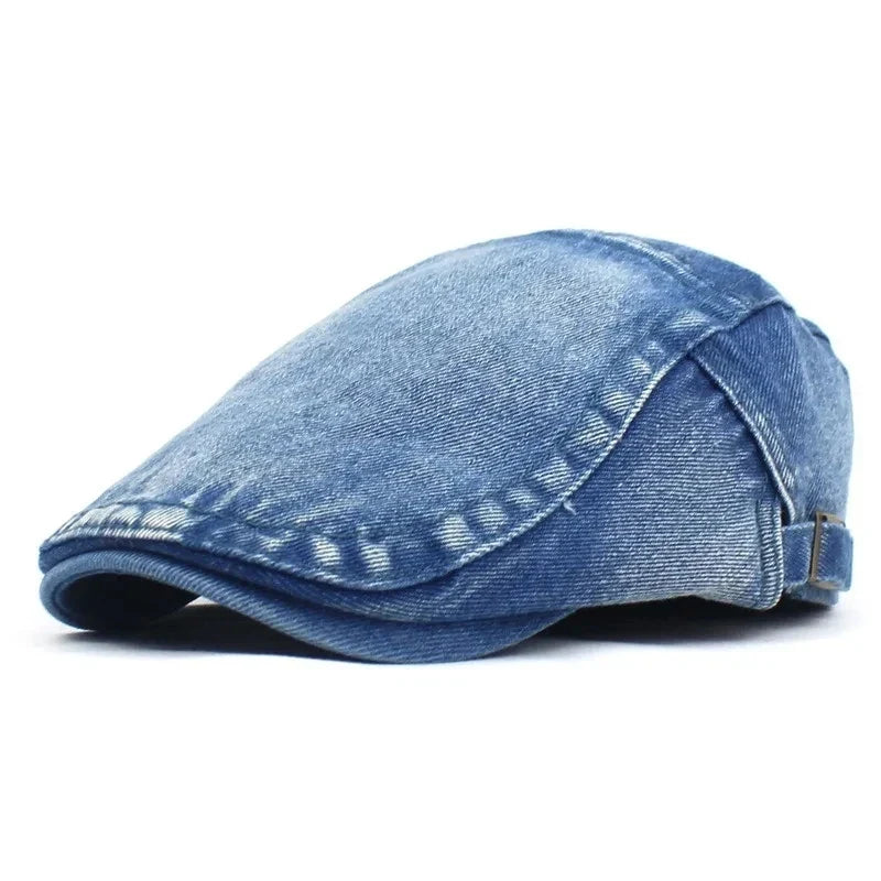 Stylish unisex denim ivy cap made from durable denim, a versatile flat cap for men & women.