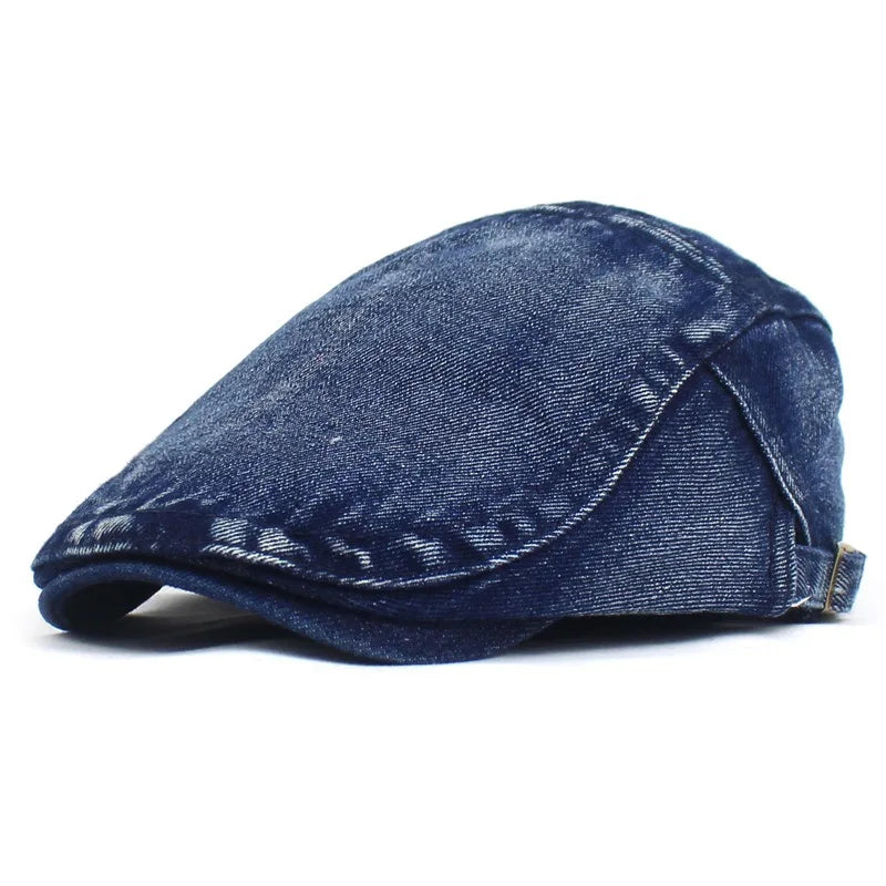 Casual denim ivy cap, a comfortable flat peak hat for everyday wear & streetwear fashion.