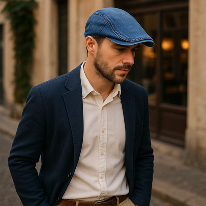 Adjustable denim ivy cap, a fashionable flat peak hat accessory for versatile everyday looks.